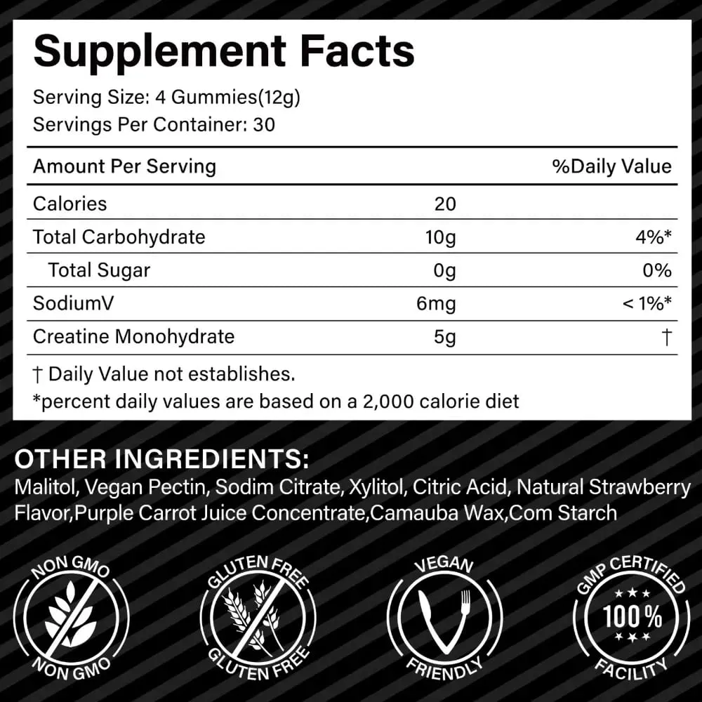 Creatine Monohydrate Gummies 5000mg for Muscle Strength Recovery & Pre-Workout Energy Boost Sugar-Free Vegan Strawberry 120 Ct