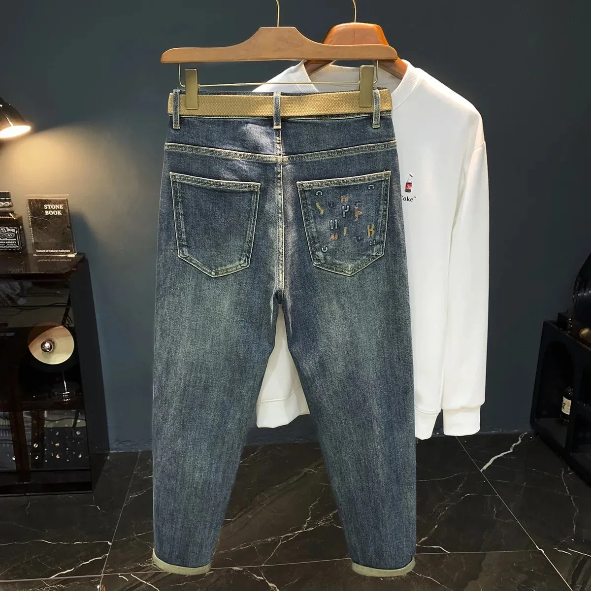 2025 Autumn/Winter Nine Point Jeans Men's Trendy Embroidered New Blue Retro Small Foot Slightly Loose PANTS fashion handsome