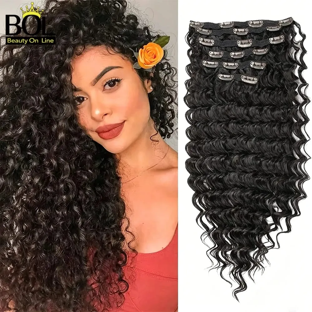 24Inch Synthetic Deep Wave Clip In Hair Extensions 7Pcs/Set 140g Fake Hair Full Head Hairpiece Curly Clip Ins Hair For Women