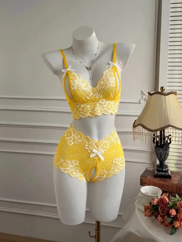 4 Sets Combined Romantic Lingerie Open Bra Transprent Underwear Set Crotchless Lace Pullover Outfits Embroidery No Pad Wireless