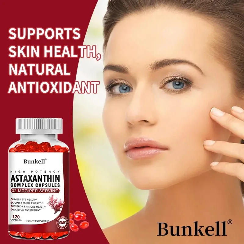 Bunkell Vegan Astaxanthin med fiskeolie og antratisk krillolie Antioxidant understøtter øjenhuds cellulær sundhed Ikke-GMO-kapsler