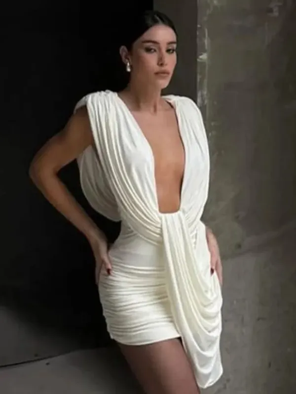 Chic Sleeveless Pleated Slim Mini Dress Women Sexy Solid Backless Hollow Out Round Collar Dresses Lady Evening Party Vestidos