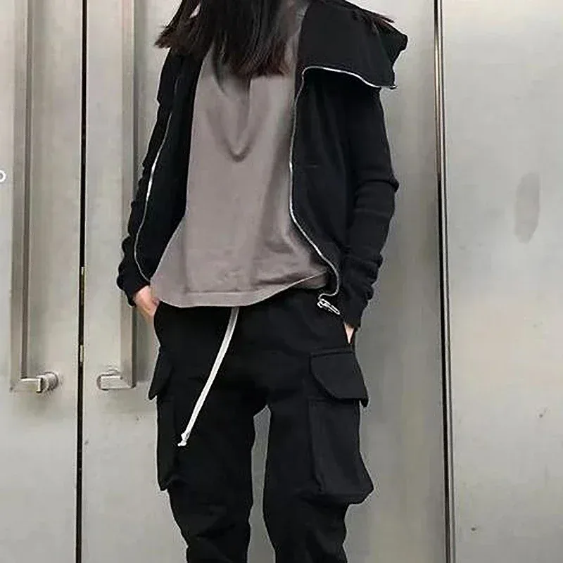 Autumn Zipper Design Black Hoodies Men's Women's Sportswear Jacket American Rock Hip Hop Street Wear Elastic Knitted Coats