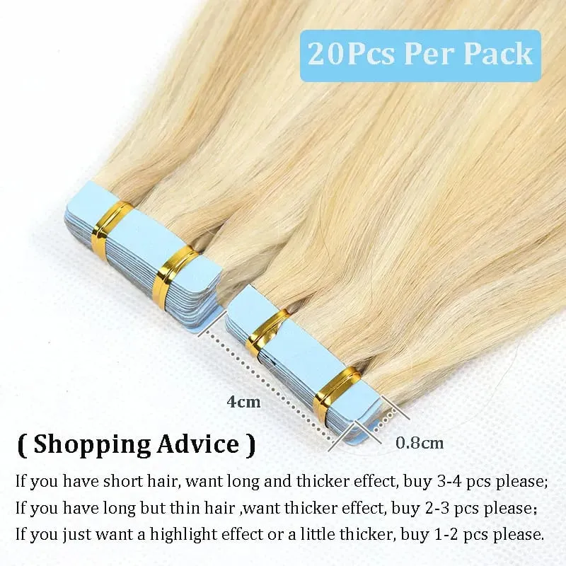 Tape In Hair Extensions Remy Human Hair Blonde Highlight Invisible Hair Extensions For Short Straight Hair 20Inch 20Pcs/Pack