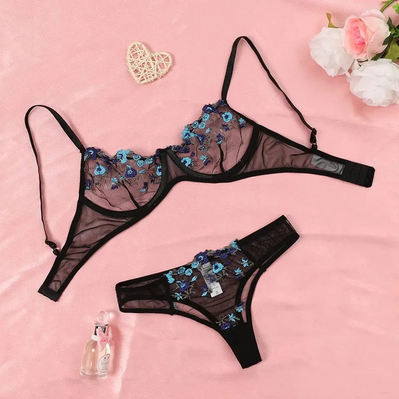 Purple Fancy Lingerie Set Female Underwear Embroidery Flower Bra And Panty Sets Women Outfits