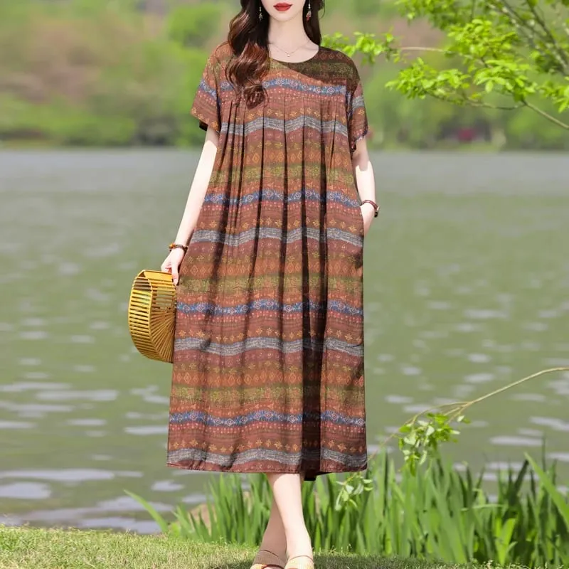 Yeni Moda Rahat 2026 Yaz Elbiseler Kadınlar Için Vintage Kısa Kollu O-Boyun Baskı Gevşek Çiçek Elbise Kadın Giysileri