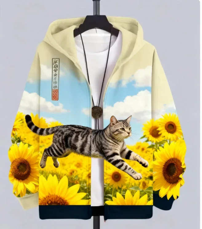 Sudadera con estampado de gato y Animal para hombre, chándal con estampado 3D de cremallera, Sudadera con capucha de manga larga a la moda, ropa Y2K