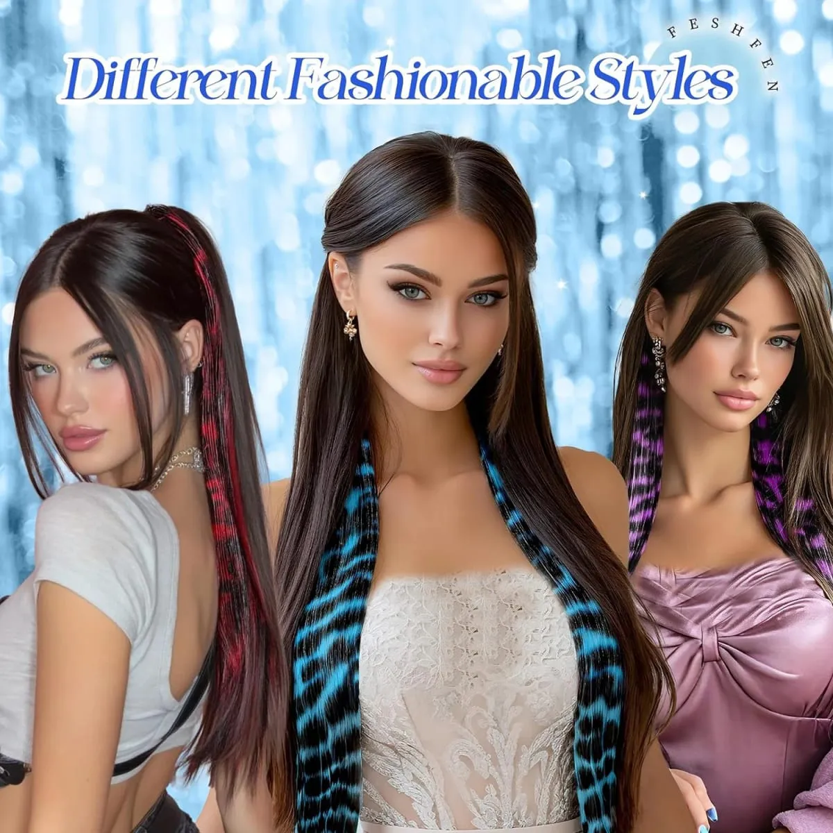 Leopard Printed Clip in Hair Extensions -5 PCS Blue Long Synthetic Straight Clip in Hair Extensions Stripe Printed Hairpiece