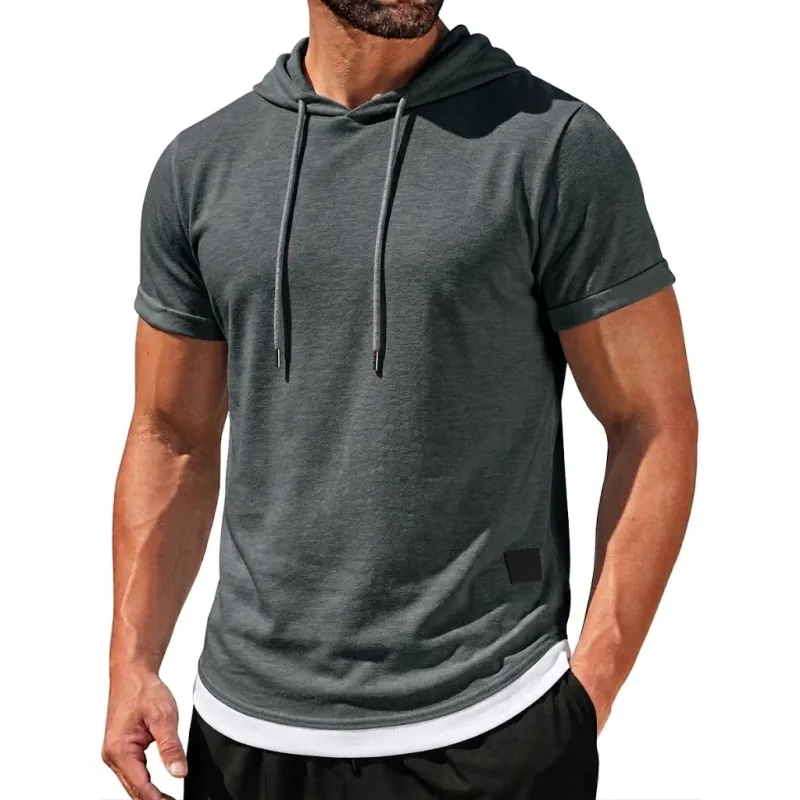 Hoodie Lengan Pendek Musim Panas Kaus Tipis Kasual Pria Hoodie Pulover Ringan Kaus Sejuk Pakaian Jalanan Korea Pria Gym