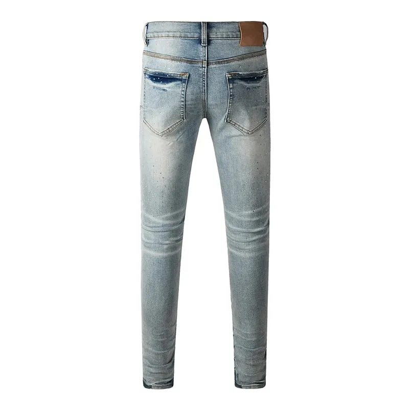 Men's Washed Distressed Skinny Ripped Jeans Light Blue Rhinestone Decor Button Fly High Street Style