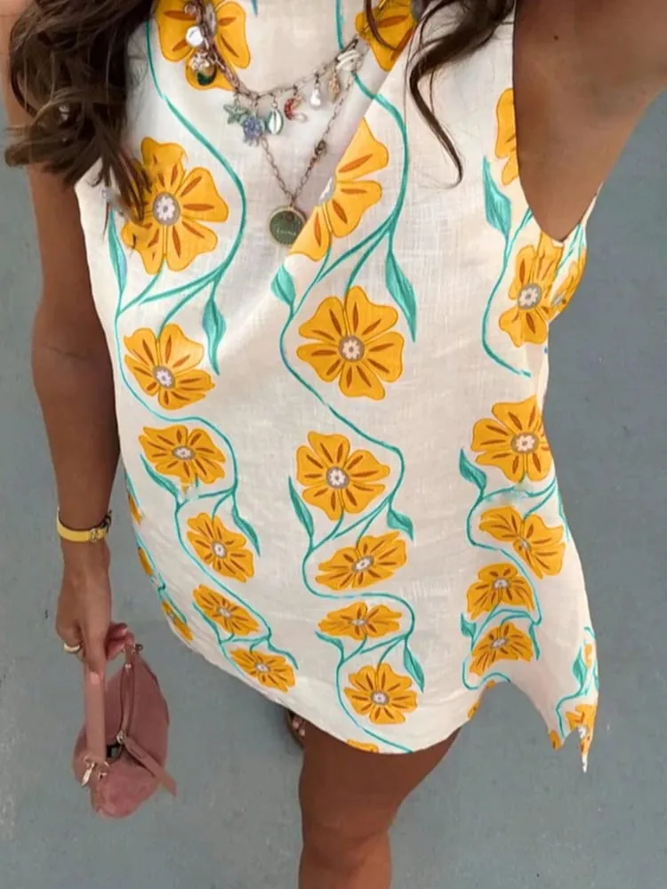 2026 Summer Women O-neck Sleeveless Print Mini Dress Fashion New Elegant Casual Loose Vacation Beach Short Dresses