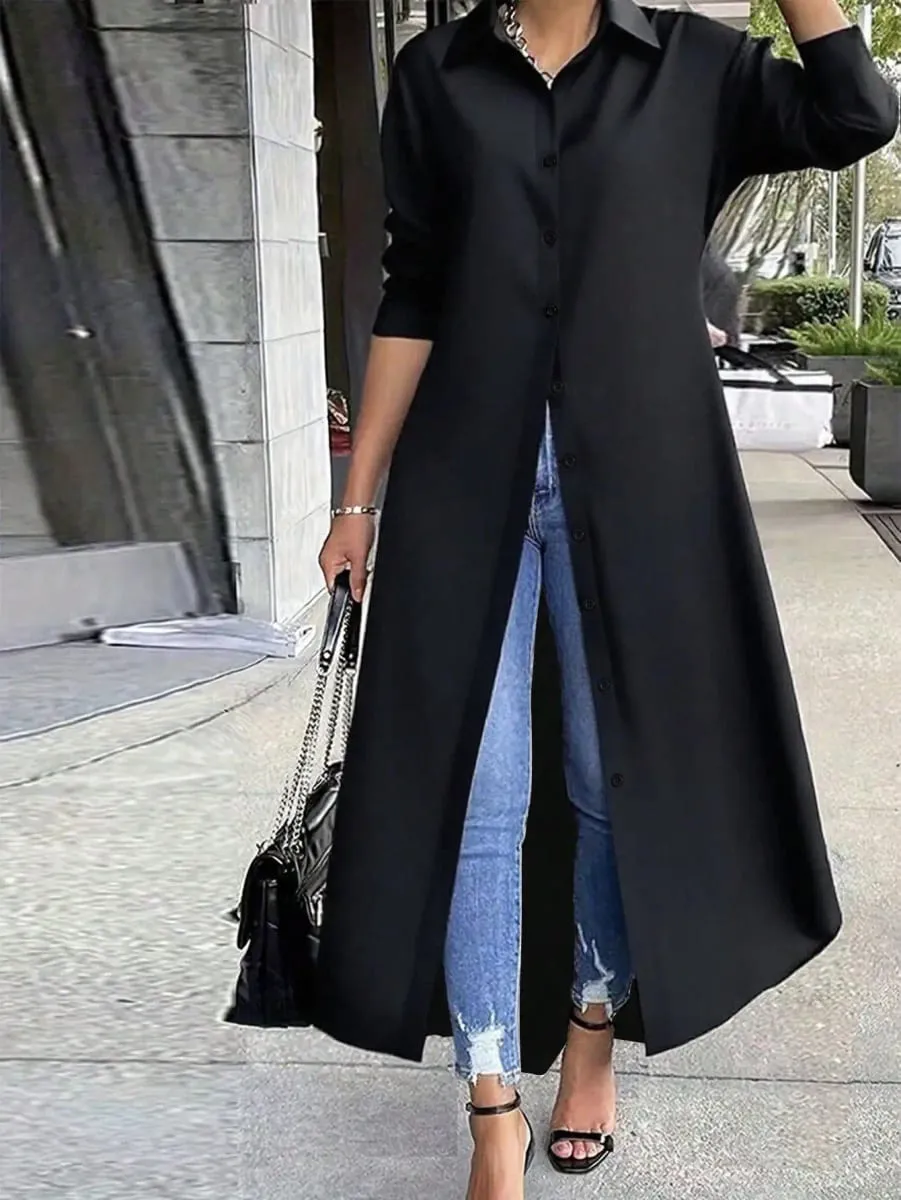 Women's Plus Size Long Sleeve Shirt Dress 100% Polyester Loose Fit Lapel Collar Button Front Casual Dress Autumn 2026