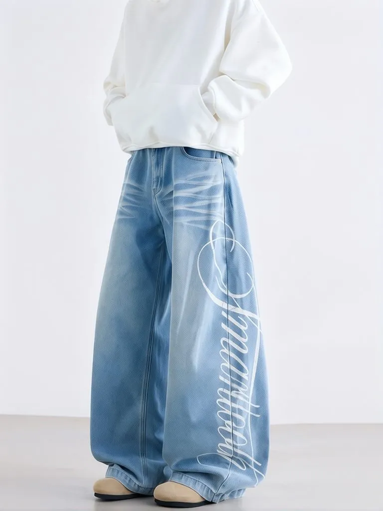Y2k Printed Letter Baggy Jeans Men Wide Loose Curved Pants Streiaght Long Trousers Work Wear Denim Pants Casual
