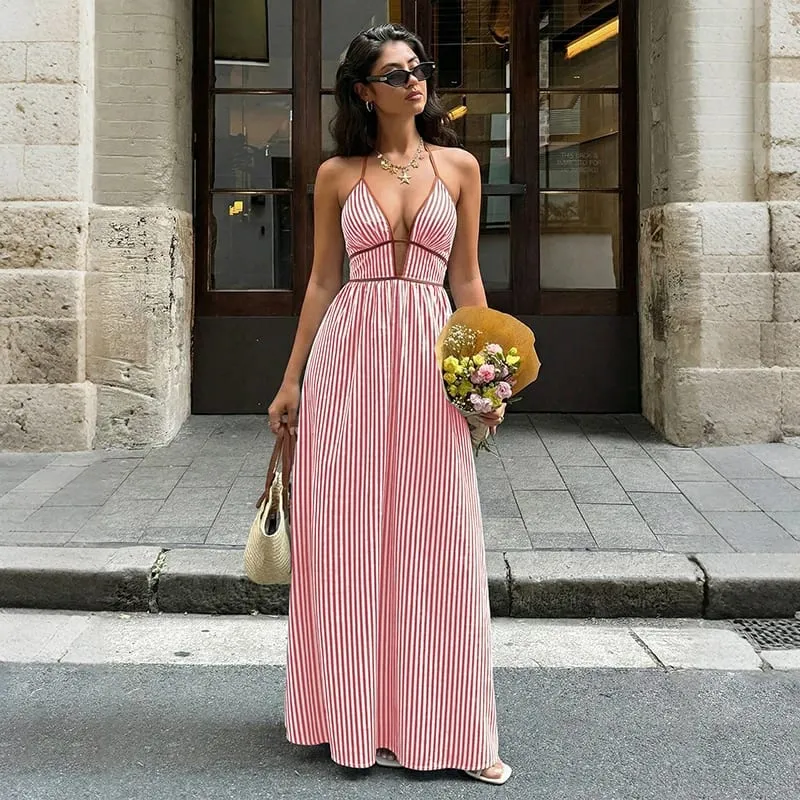 2026 Summer New Style Deep V-neck Striped Beach Dress Sexy Backless Sleeveless Neckline Long Dress