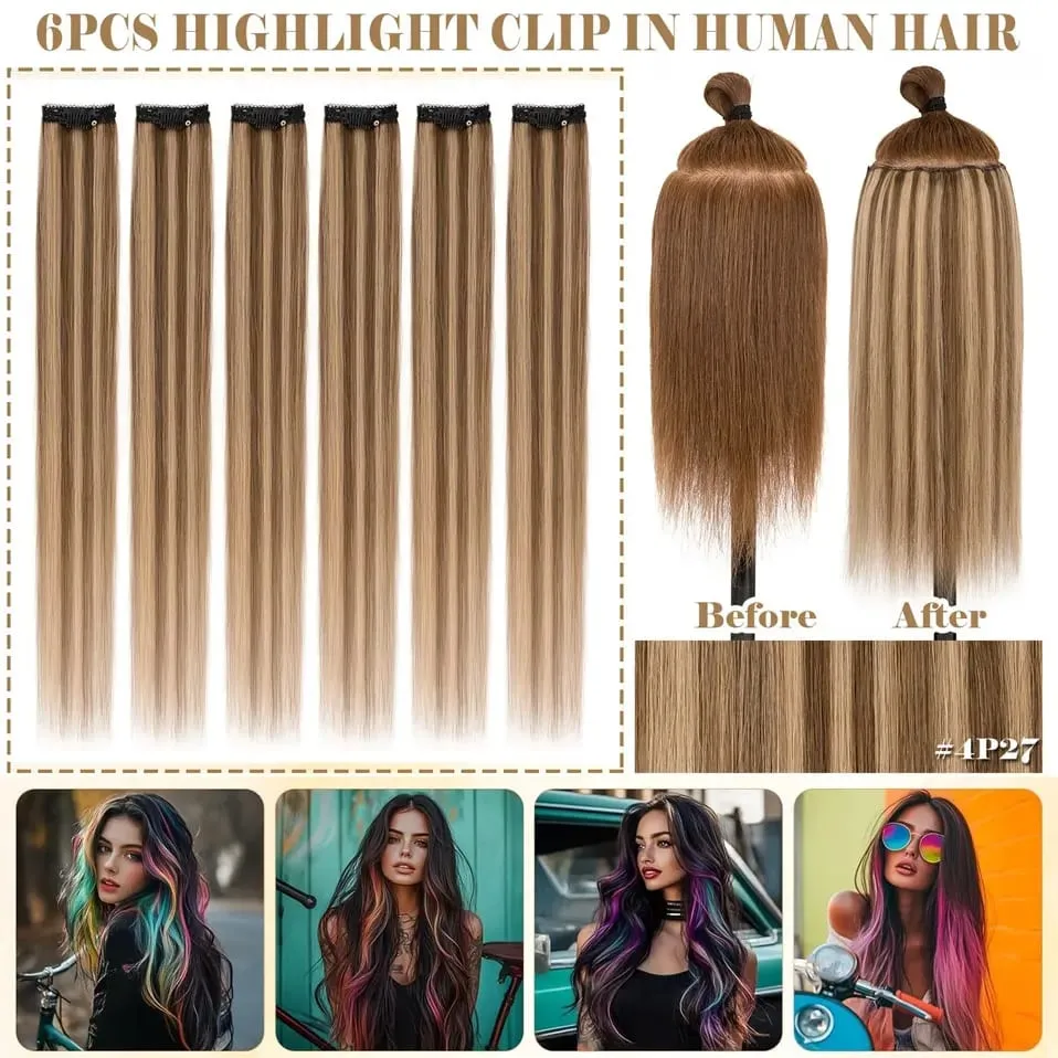 S-noilite 6 PCS Remy Clip In Human Hair Extensions Single Clip Ins Thick Hair Extensions Highlight Seamless Hairpieces for Women