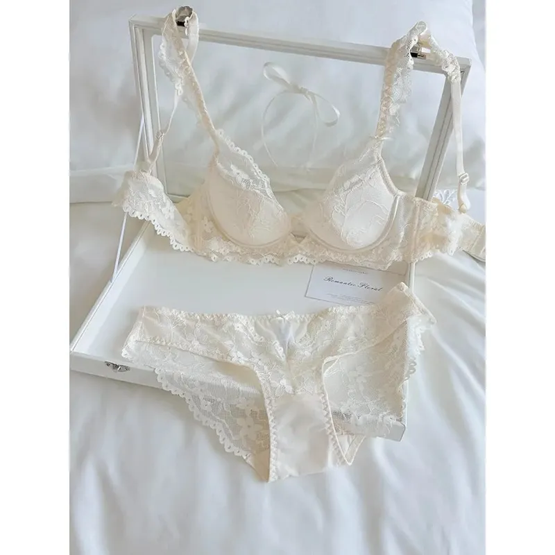 French Flutter Sleeve Lace Women Bra Set Soft Underwire Thin Breathable Sexy Minimizer Beauty Back Lingerie 32‑38 AB