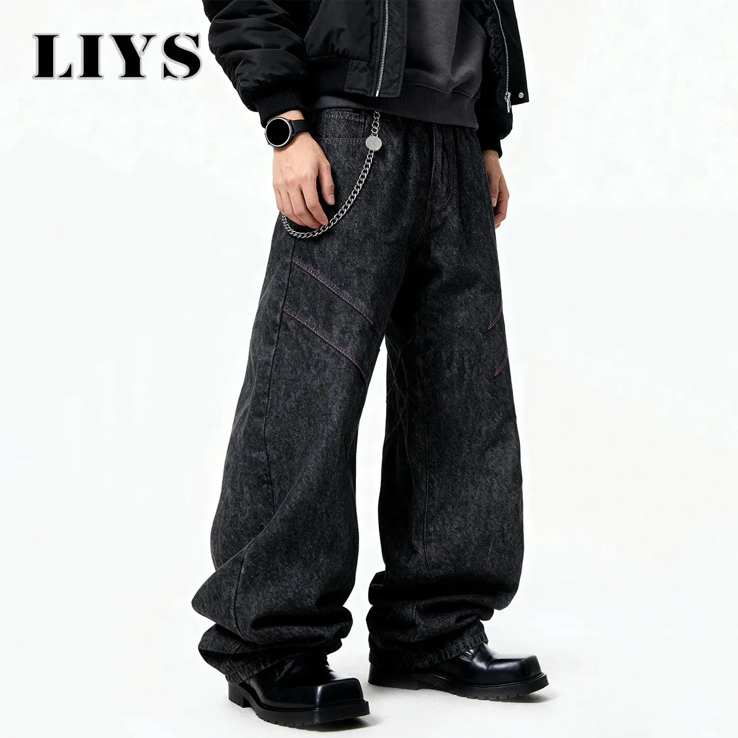 Four Seasons American Retro Men's Black Baggy Wide Leg Jeans Basic Business Casual Loose Denim Pants Unisex Street Jeans