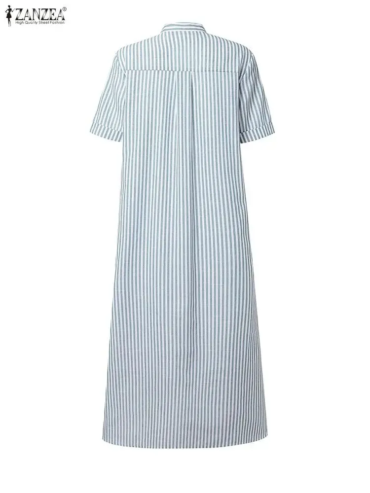 Women's Casual Striped Midi Dresses Stand Collar Short Sleeve Buttons Shirtdress Spring Summer Holiday Woman Clothes 3XL