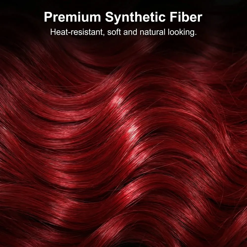 26" Invisible Wire Hair Extensions Curly Burgundy No Clip Synthetic Hairpiece Women Natural Heat Resistant Fiber Hairpieces