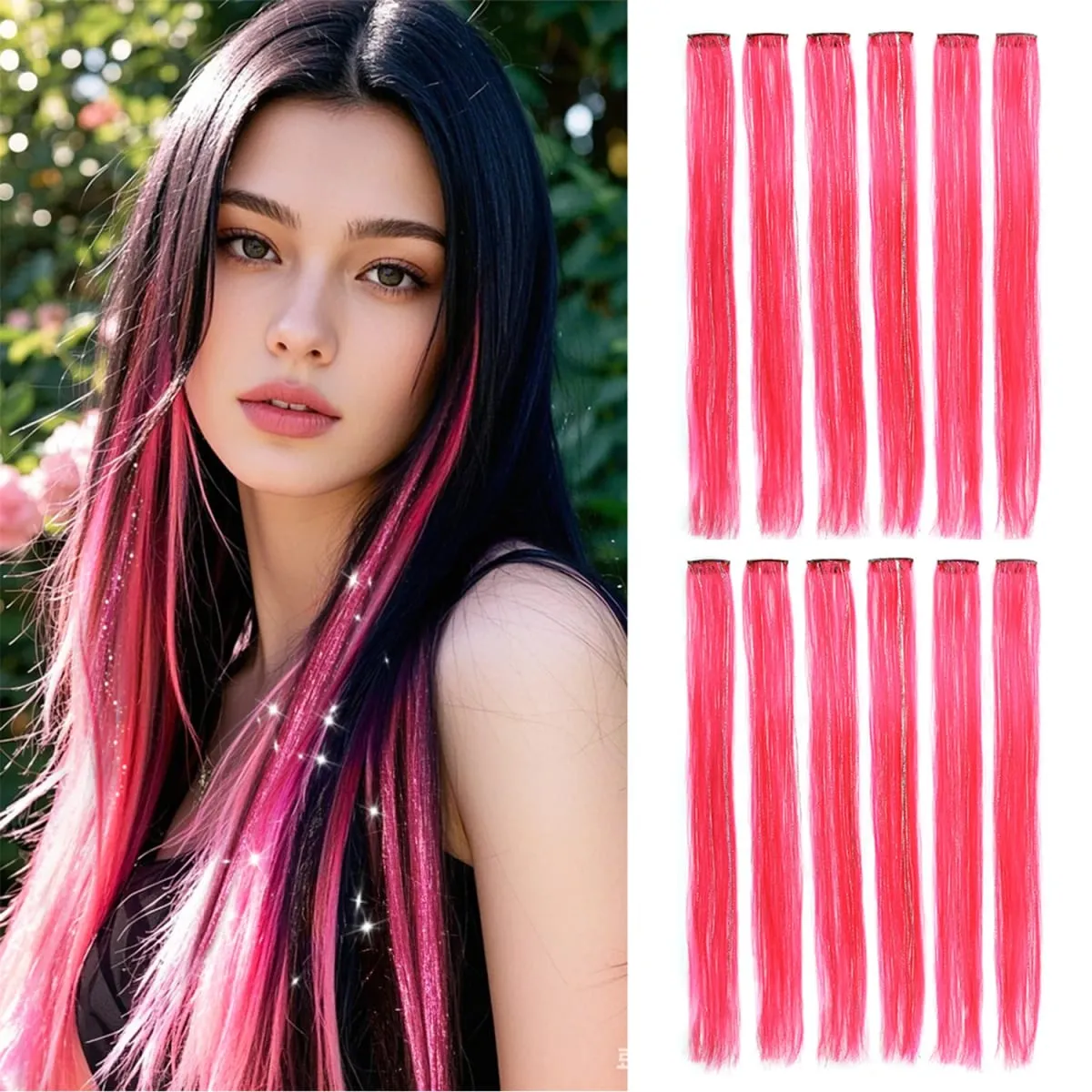 Synthetic Clip in Hair Extensions 12pcs/pack Clip in Colorful Hair Mixed Tinsels Glitter Hairpices for Women Girls Daily Party