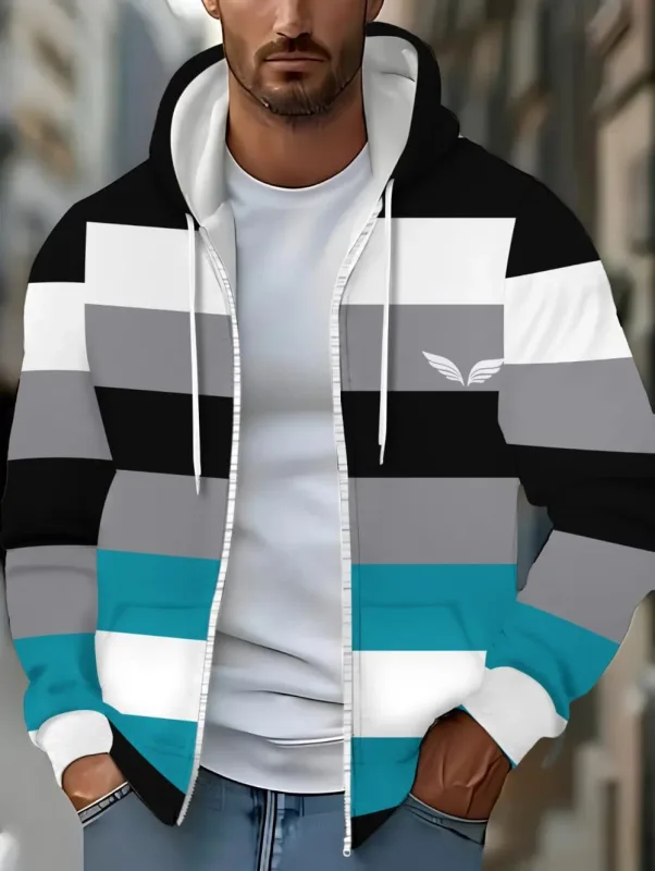 Hoodies for Man Striped Print Full Zip Sweatshirt Outdoor Wear Man Hoodie Fashion Casual Loose Sports Tops Pullover Man Clothing