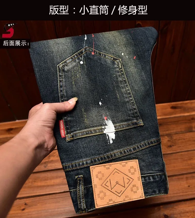 High Street Fashion Men Jeans Retro Blue Elastic Slim Fit Ripped Jeans Men Vintage Designer Stretch Casual Denim Pants Hombre