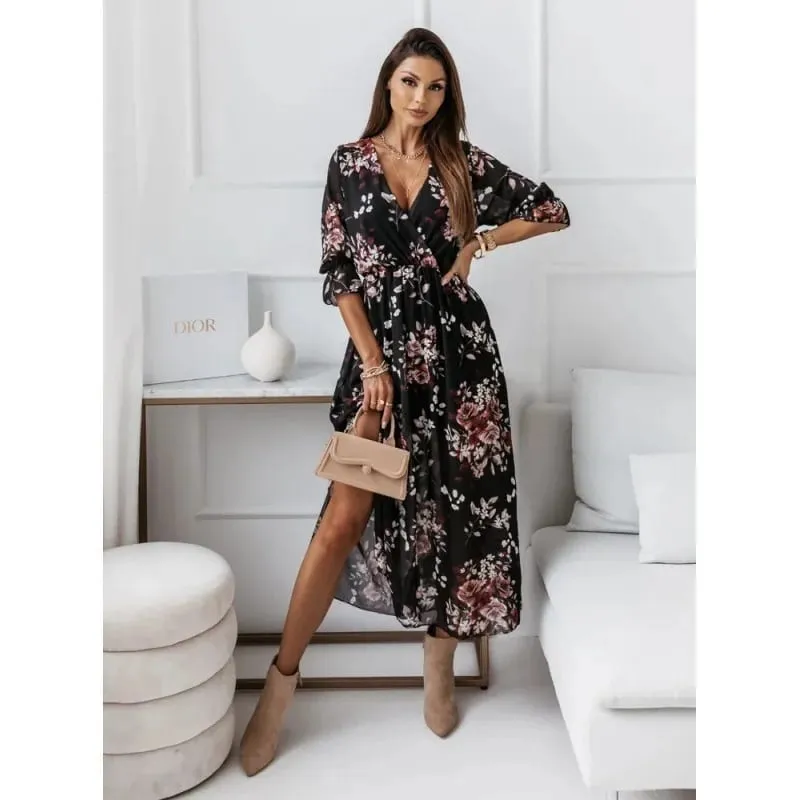 Women's V-Neck Midi Dress Chiffon Print Waist-Cinched Side-Slit Soft Polyester Fiber Comfortable Spring Summer New Style