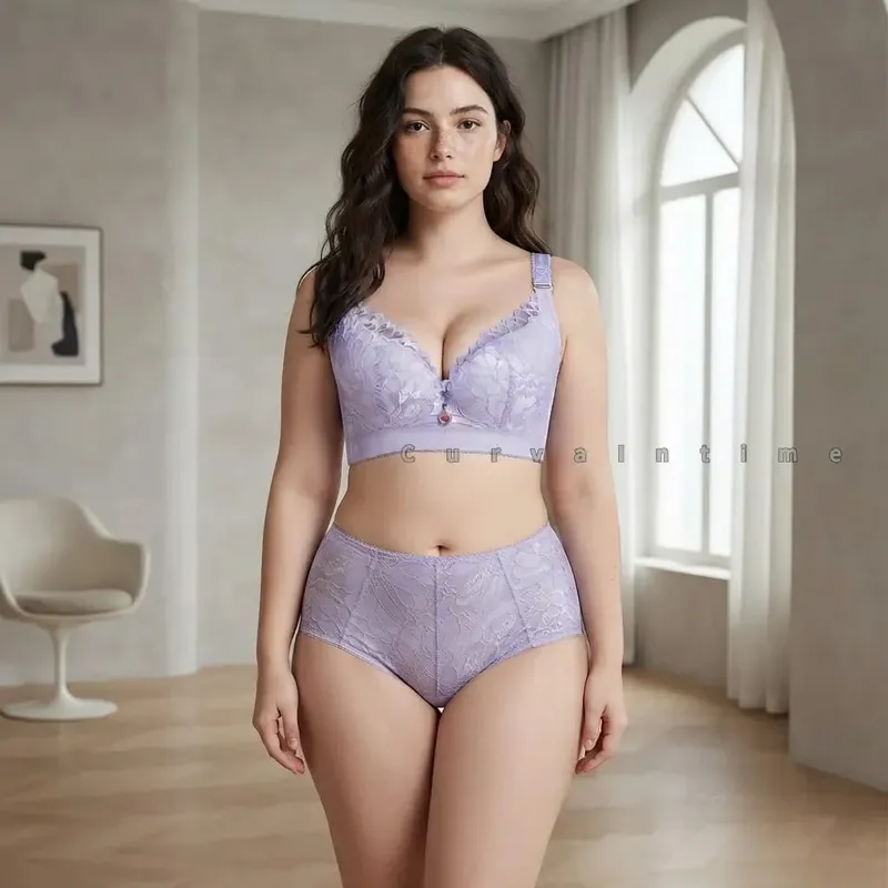 Women Plus Size Lace Bra Panty Set Underwire Full Cup Push Up Anti-Sagging Lingerie Suit Adjustable Wide Strap Large Bust Suppor
