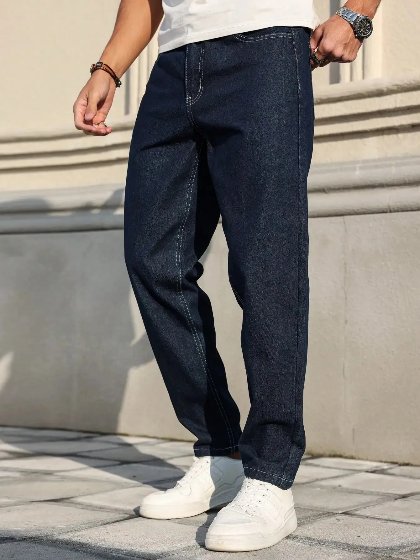Men Raw Dark Blue Denim Jeans Contrast Stitching Loose Tapered Pants Vintage Non‑wash Straight Taper Trousers Streetwear