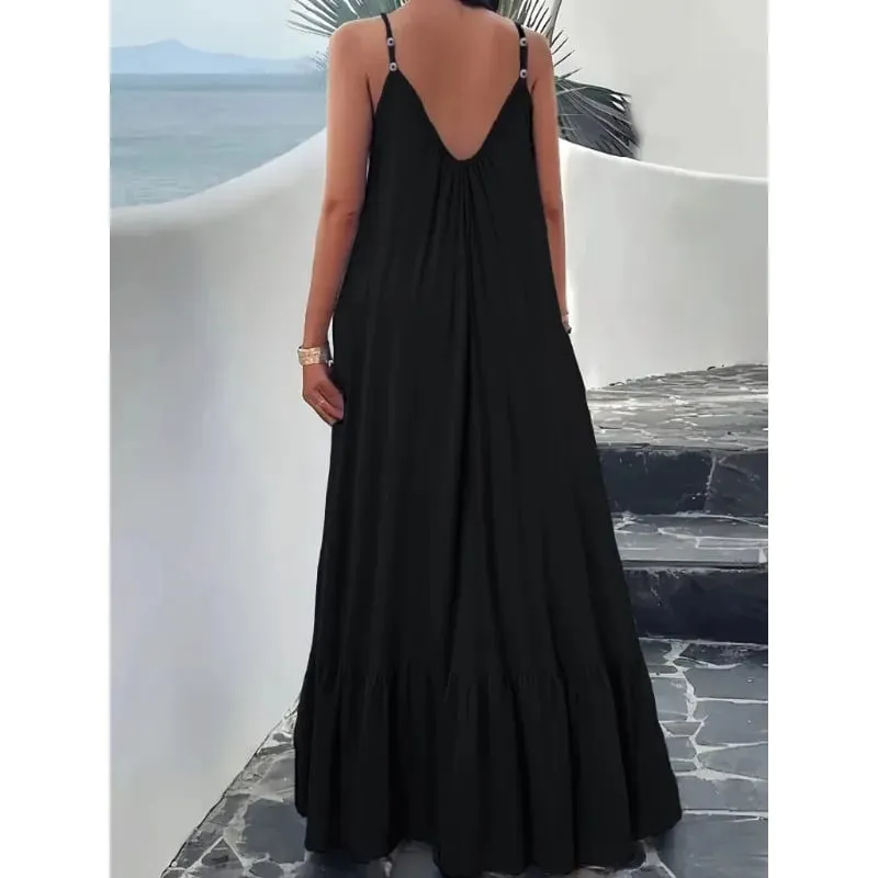 Summer Dresses 2026 New Solid Color Spaghetti Strap Maxi Dress Women V Neck For Beach Party Resort Daily Matching Outfit