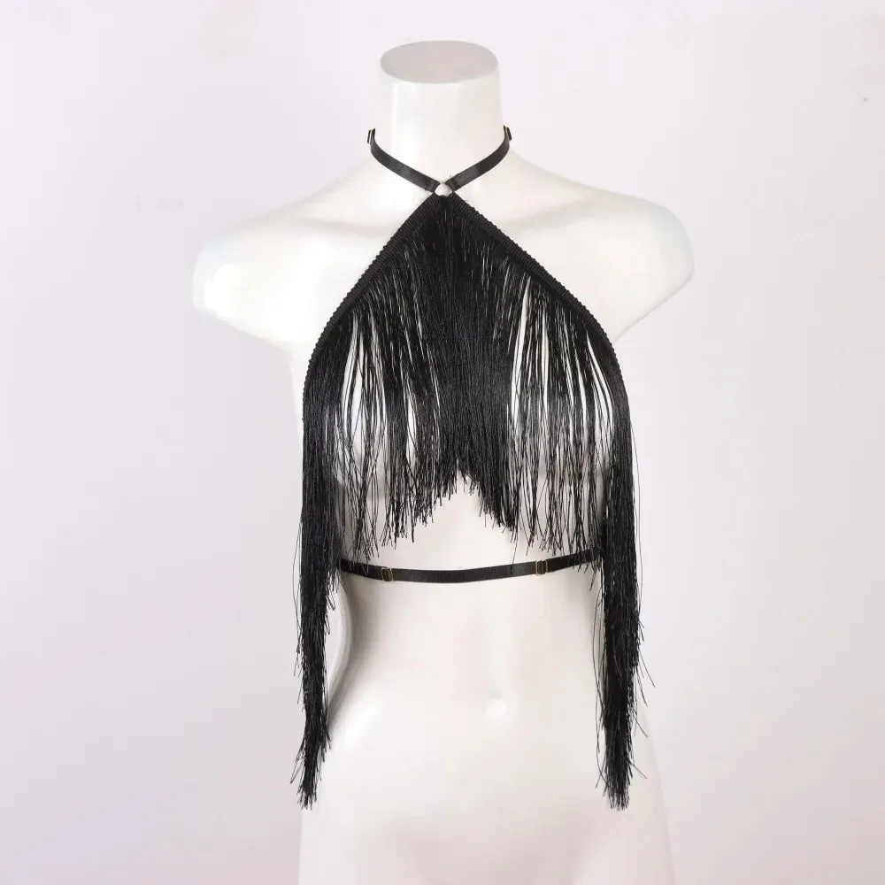 Women'S Black Tassel Halter Top-Adjustable Elastic Harness All-Season Wear Casual Attire Top Tassel Detail Top