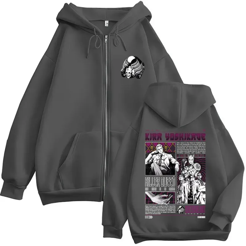 Anime Jojo Bizarre Adventure Kira Yoshikage Killer Queen Zipper Hoodies Men Women Fashion Zip Up Hooded Sweatshirts Jackets Coat