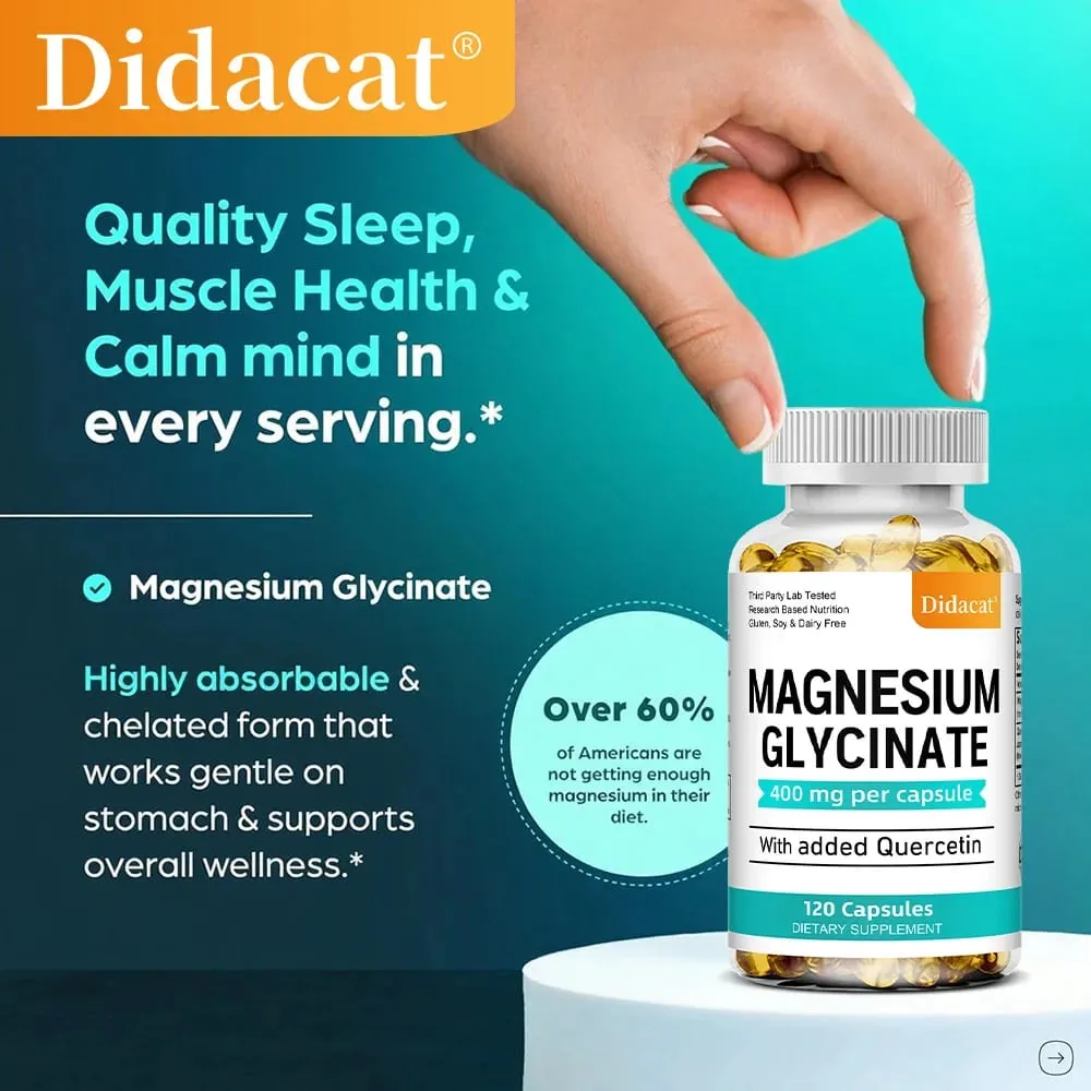 Magnesium Glycinate - with Quercetin Improve Cardiovascular Health Reduce Stress and Promote Healthy Sleep Muscle Growth