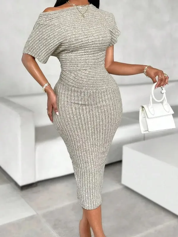 Women's Fashion Solid Color Asymmetric Shoulder Textured Fabric Dress