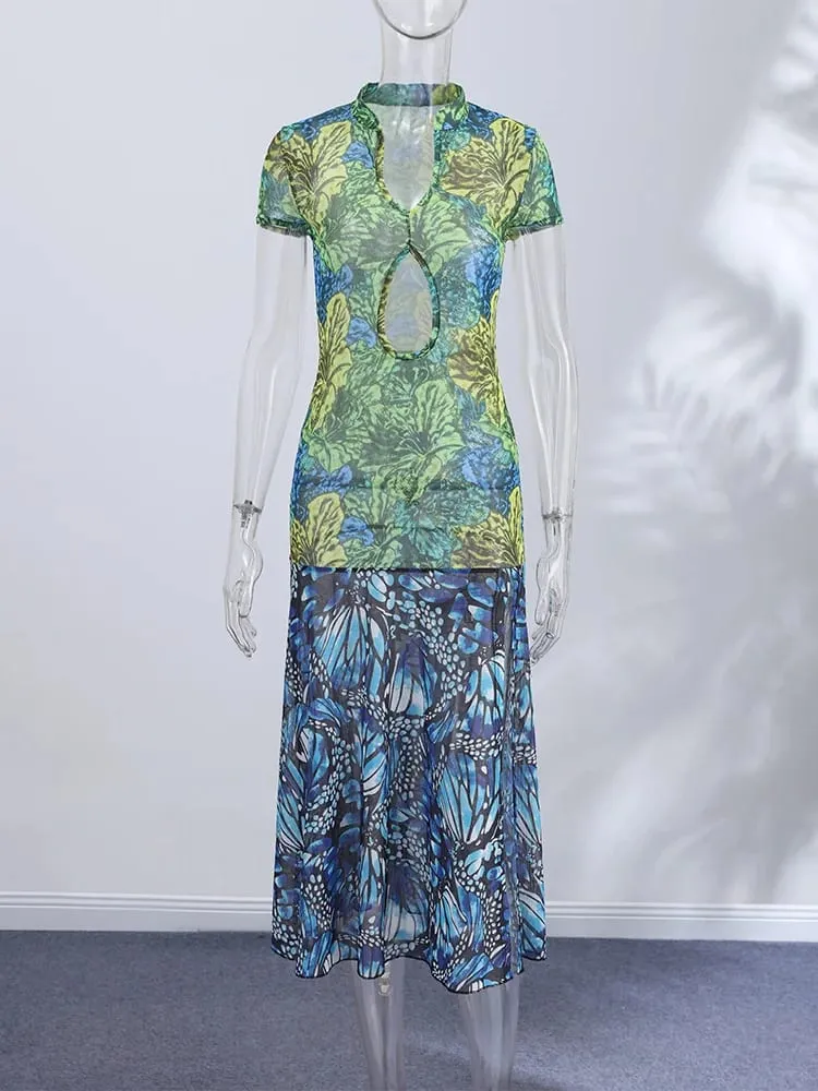 Jungle Butterfly Print Midi Dress Mandarin Collar Cutout Waist High Slit Dress 2026 Summer Festival Night Out Wear Women Vestido