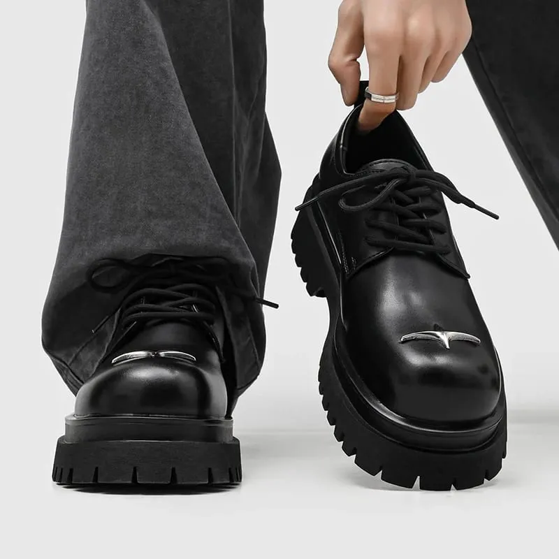 Men's Lace‑Up Platform Derby Shoes Metal Decor Chunky Sole Fashion Casual Footwear Non‑Slip Daily Walking Shoes