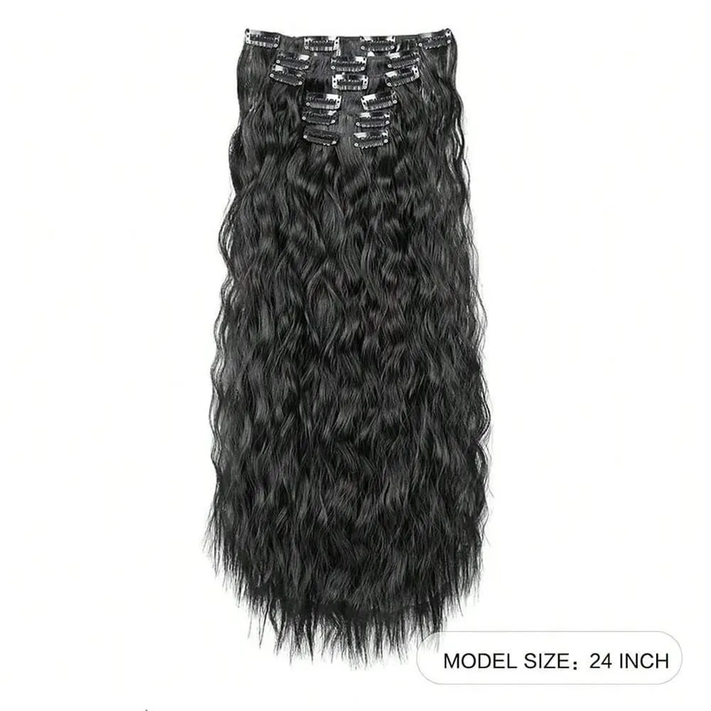Synthetic Hair Extensions 16Clips In 6PCS Set Curly 24inch Long Clip On Hairpiece Corn Wavy Style For Women Girls Daily Party