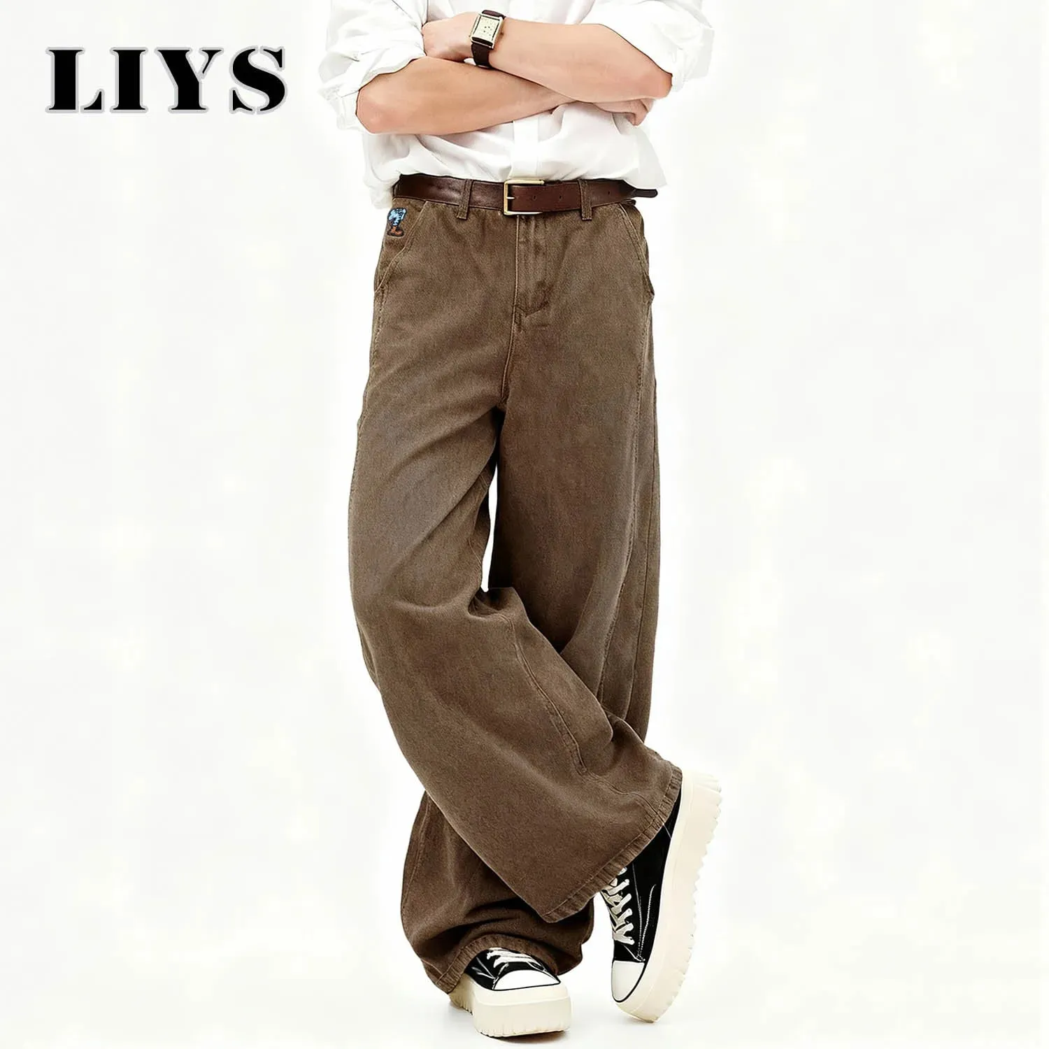 American Men's Retro Brown Ultra Baggy Wide Leg Jeans Street Casual Embroidery Oversized Men's Clothes Unisex Denim Pants