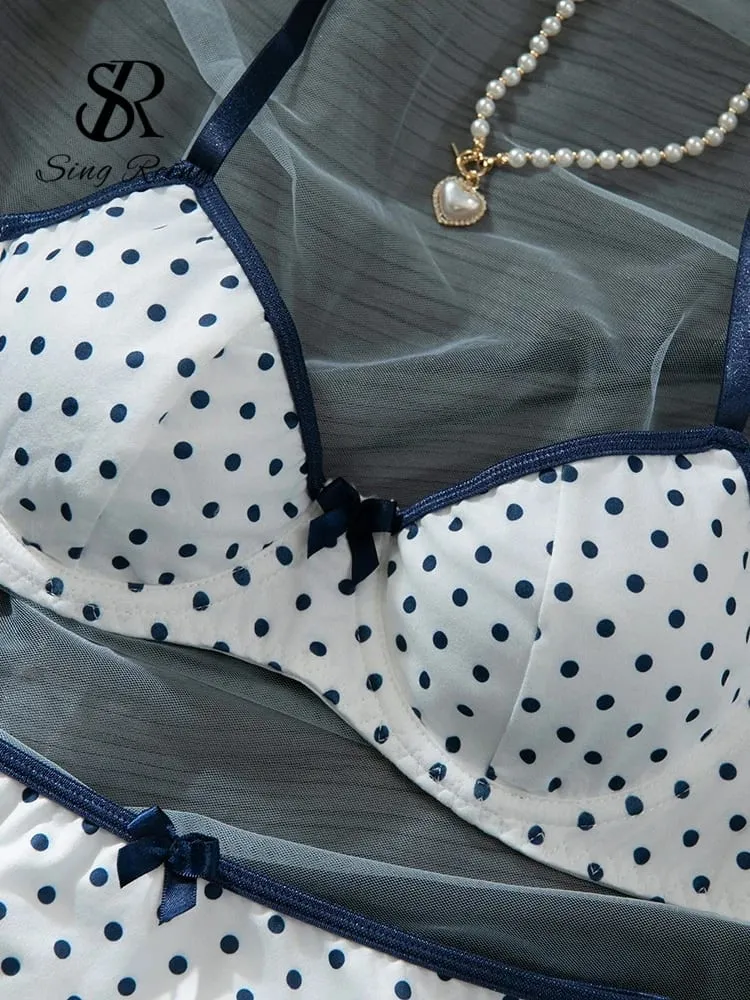 French Polka Dot Print Lingerie Sets Ladies Strap Underwire Bra+Sweet Briefs Hotsweet Vintage Underwear 2Pcs Suits