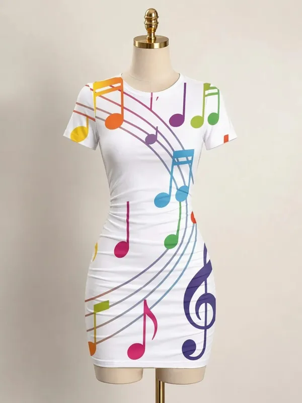 여자 짧은 소매 Bodycon 미니 드레스 슬림 피트 크루 넥 꽃 프린트 캐주얼 여름 파티 귀여운 달콤한 슬리밍 휴가 Sundress