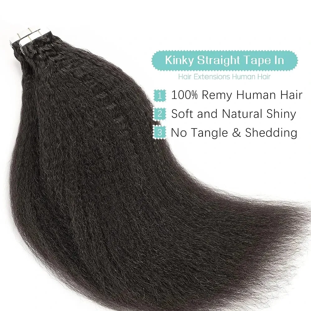 Kinky Straight Tape In Hair Extensions 20Pcs/50g Adhesive Invisible Yaki Straight Tape Ins 100% Human Hair Natural Black 26 Inch
