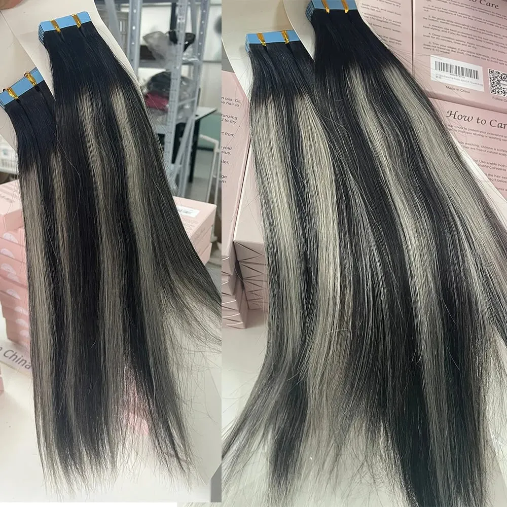 Doreen European Real Remy Human Hair Tape In Extensions 16 to 24 Inch 20Pcs 50g PU Seamless Balayage Silver Grey Hair Black Root