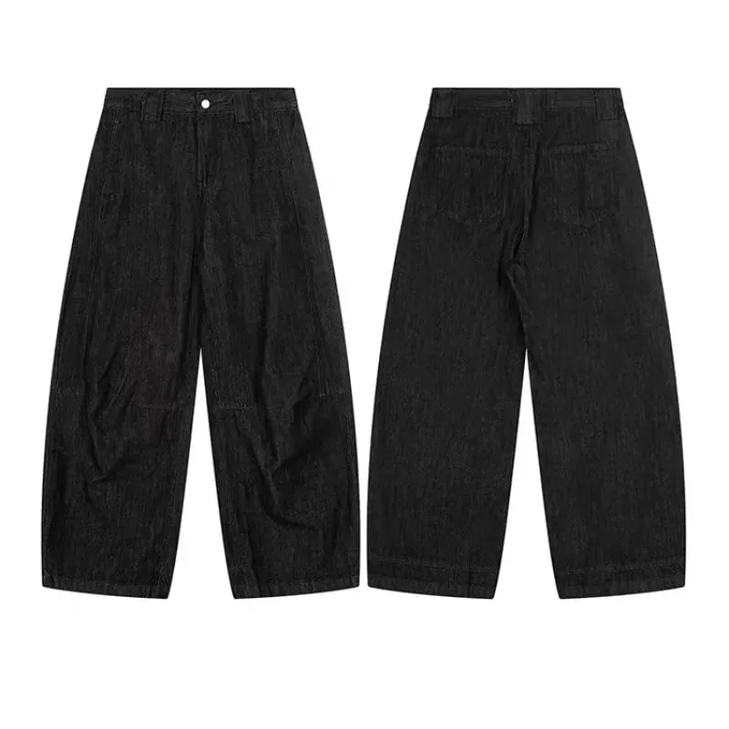 Unisex Curved Blade Baggy Jeans Street Black Raw Denim Oversized Wide Leg Banana Pants Vintage Minimalist Hip Hop Denim Trousers