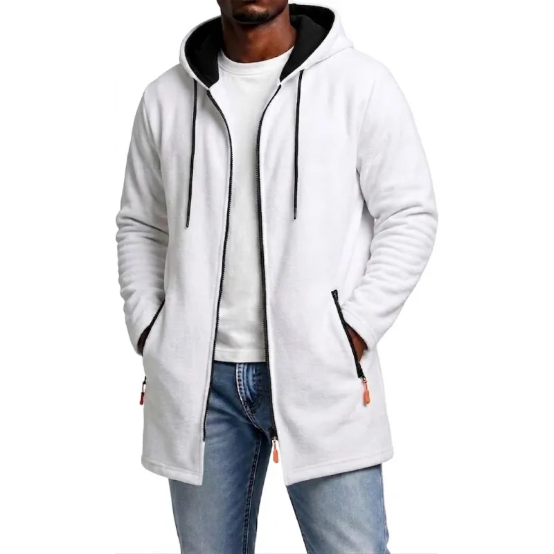 New Men's Zip Up Hoodie Casual Mid-Length Sweatshirts Fleece Jacket Warm Winter Hooded Trench Coat Outerwear with Zipper Pockets