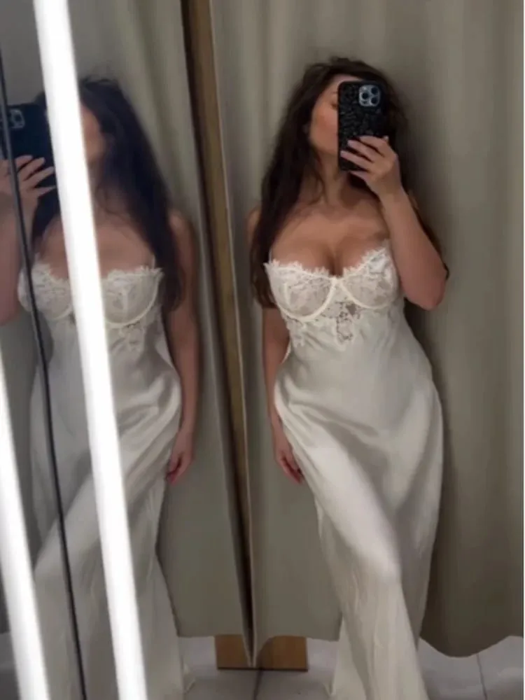 Sexy Satin Sling Long Dress Women Backless Sleeveless High Waist Lace Patchwork Loose Robe Female 2026 Summer Chic Solid Dresses