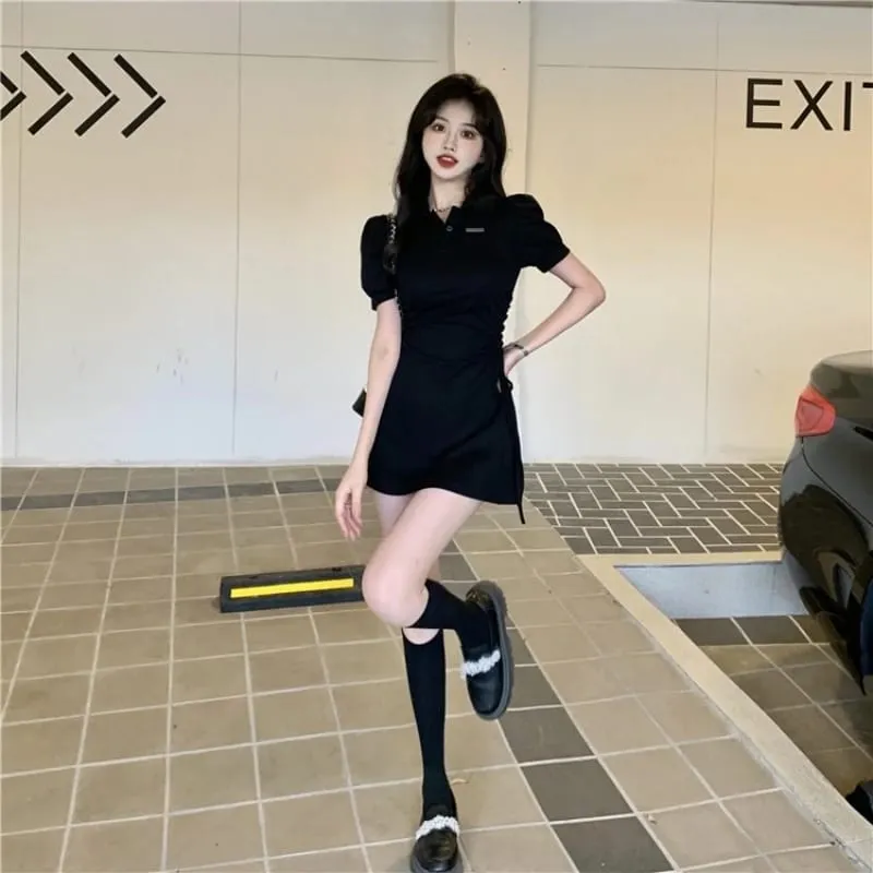 2026 Korean Style Women Pink Polo Collar Short Sleeve Dress Drawstring Waist Slim Sweet Spicy A-Line Mini Dresses