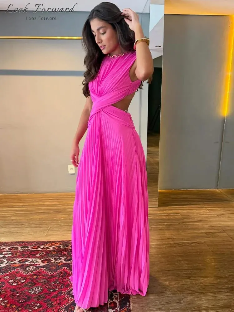 Hollow-out Pleated Maxi Dresses Women's Sleeveless Backless Waist-cinching O-neck Dress 2026 New Ladies Summer Vacation Outfit