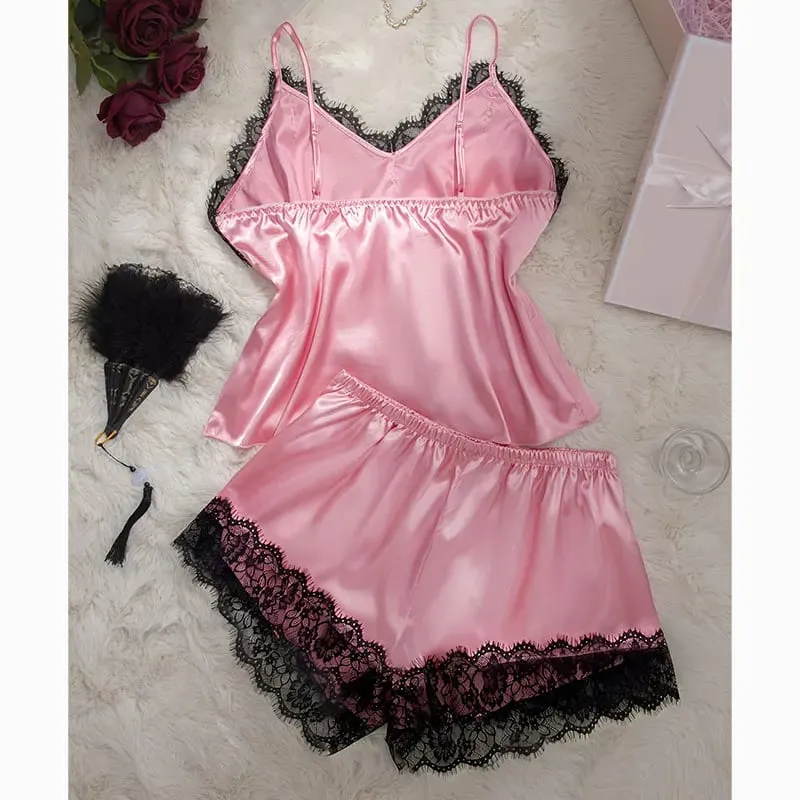 Solid Color Lace Trim Silk Lingerie Set Woman Pajamas Underwear Luxury Nightwear Sexy Bra V Neck Tank Short Summer Intimacy Sets