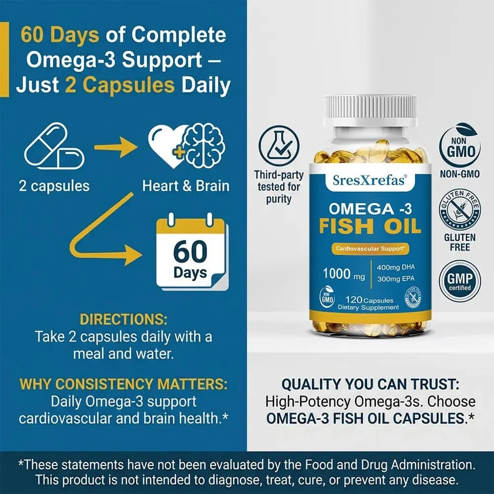 Fish Oil 1000 Mg | Omega 3 + EPA & DHA | Brain Heart Joints Skin and Immune Support | 120 Count Non-GMO Softgels Supplements