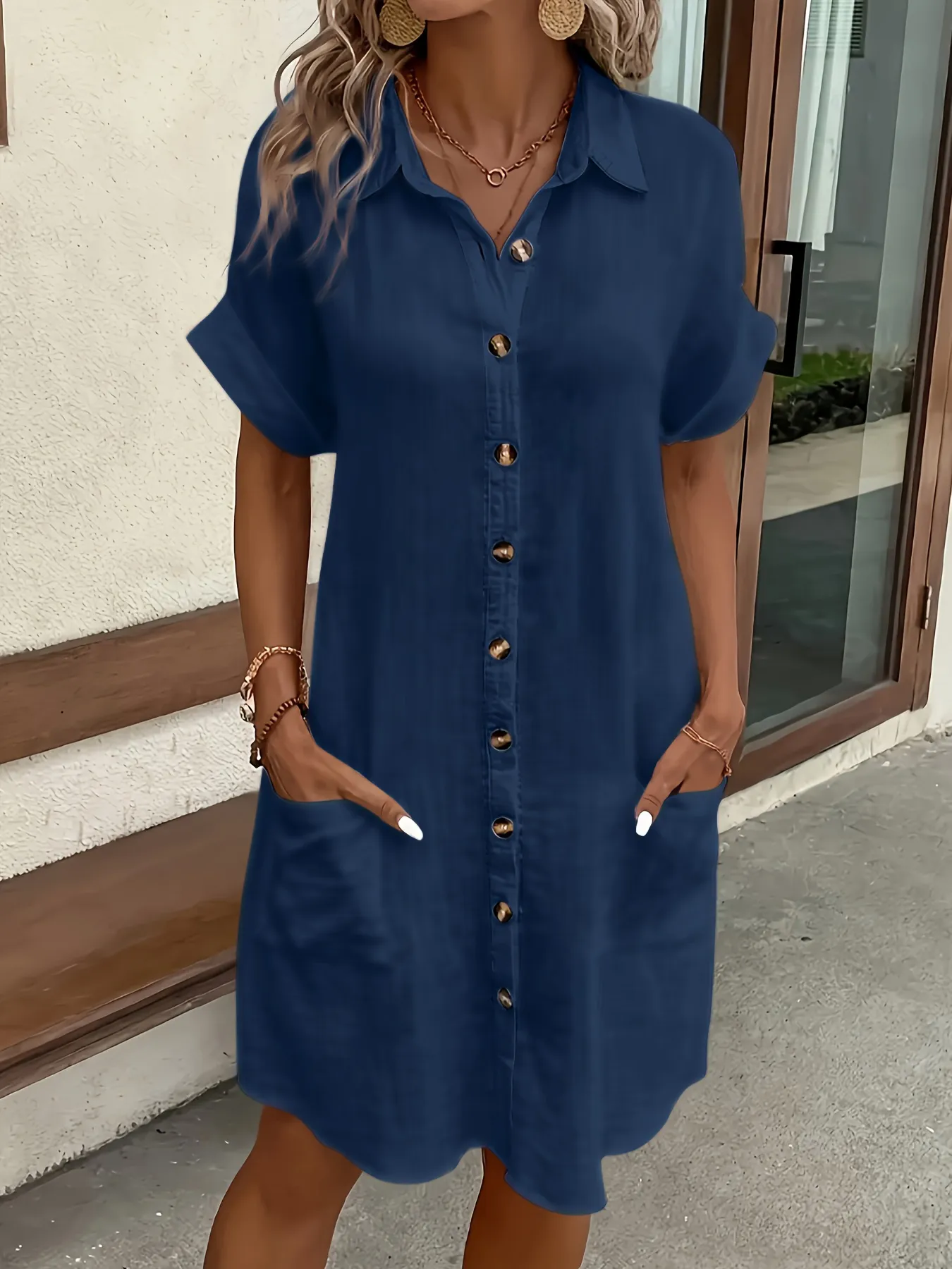 2026 European and American Cross Border Leisure Solid Color Cotton Hemp Buckle Long Short Sleeve Loose Shirt Dress Women's Wear